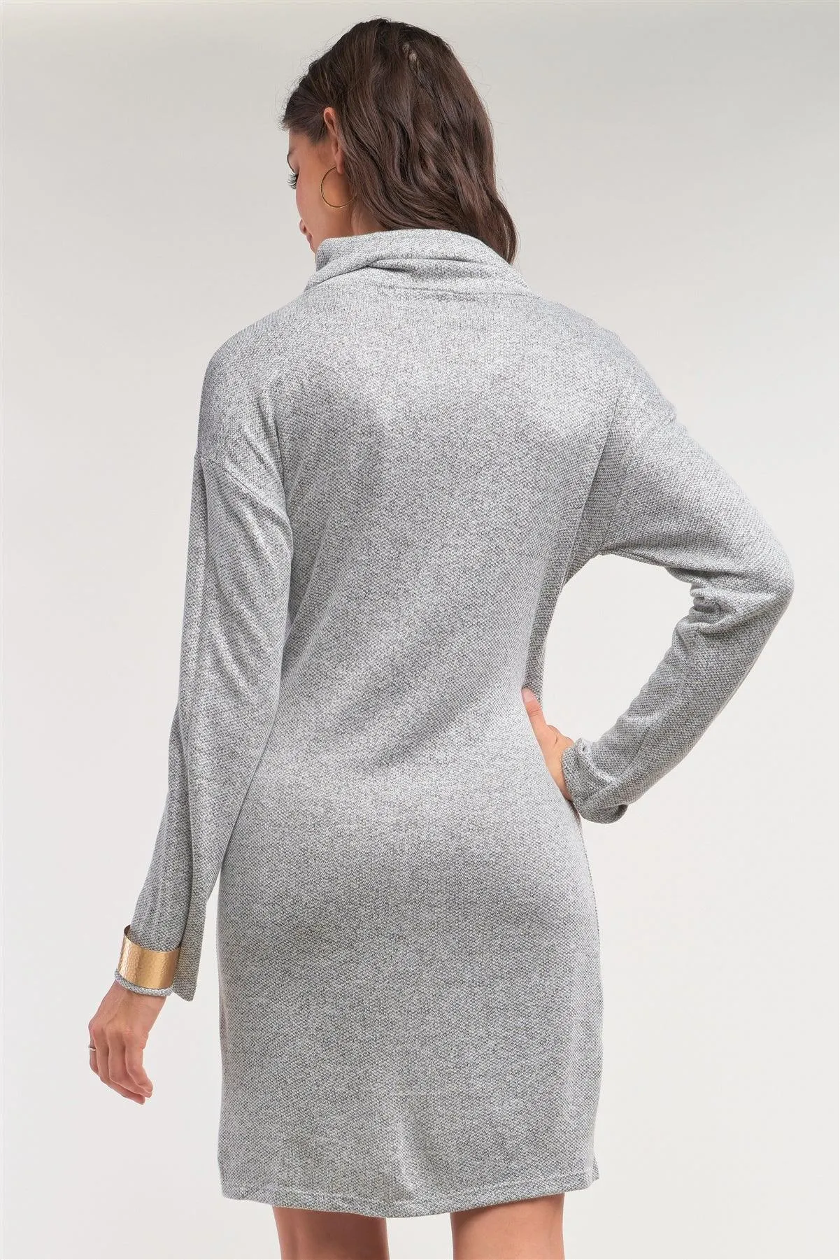 Heather Grey Knit Long Sleeve Turtleneck Self-Tie Waist Detail Mini Sweater Dress /2-2-2