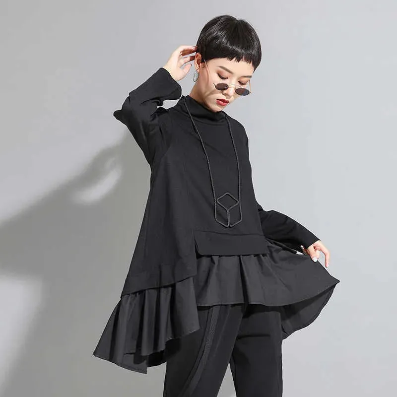 HEYFANCYSTYLE Black Asymmetrical Ruffles Shirt