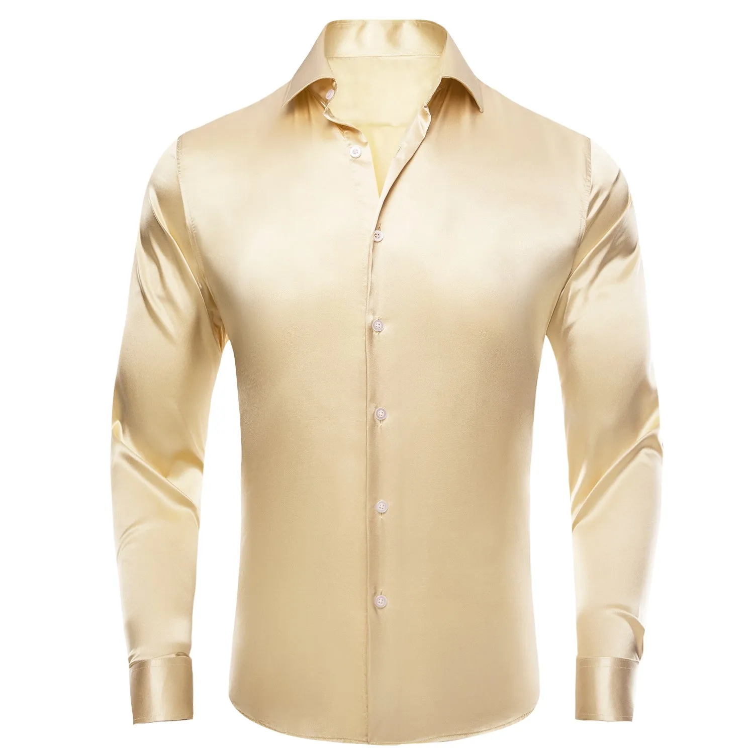 Hi-Tie Beige Shirts Solid Satin Silk Men's Long Sleeve Dress Shirt