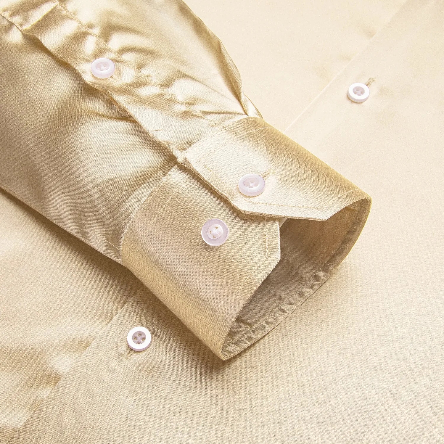 Hi-Tie Beige Shirts Solid Satin Silk Men's Long Sleeve Dress Shirt