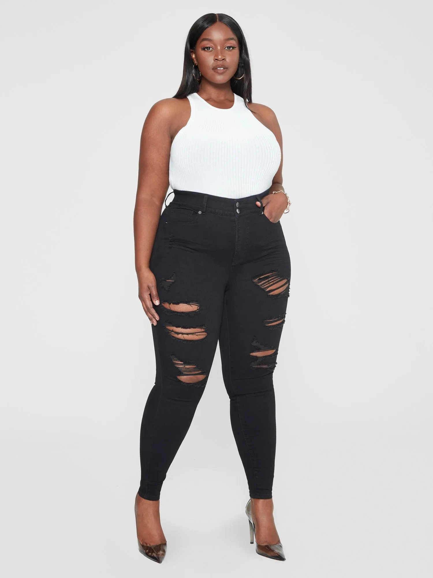 High Rise Comfort Stretch Destructed Jeggings in Black - Short Inseam