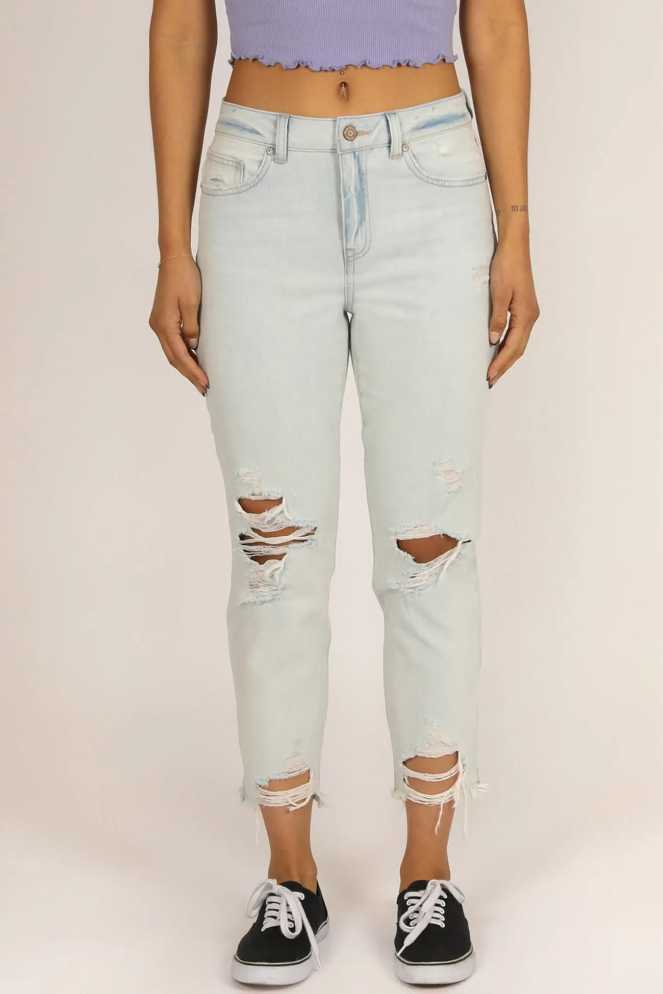 High Rise Jersey Crop Jeans - Destructed Light