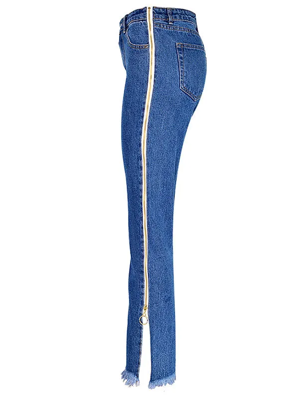 High Waist Side Zipper Straight Jeans