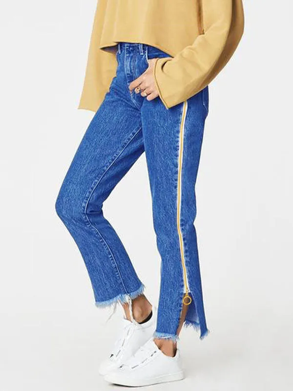 High Waist Side Zipper Straight Jeans