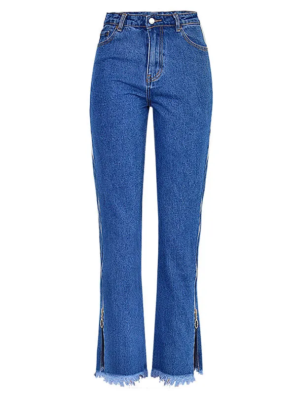 High Waist Side Zipper Straight Jeans