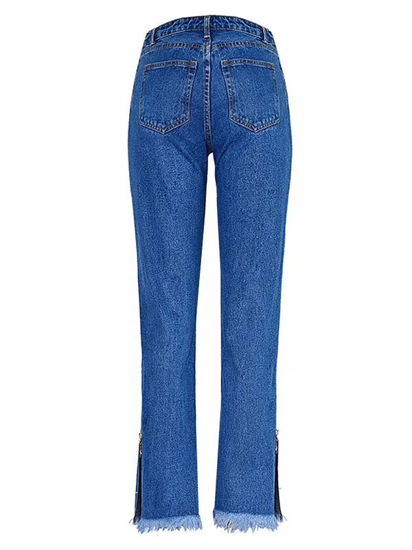 High Waist Side Zipper Straight Jeans