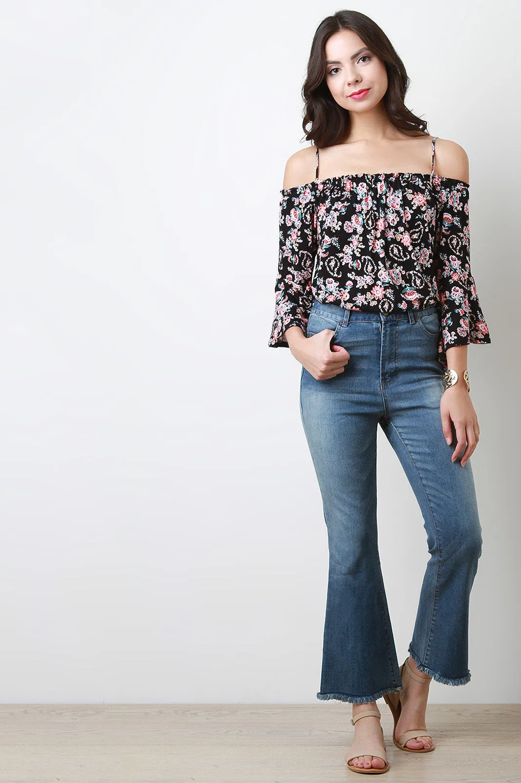 High Waisted Bell Bottom Frayed Hem Crop Denim Jeans