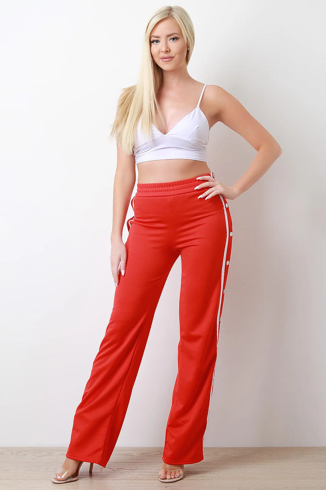 High Waisted Stripe Button-Up Track Pants