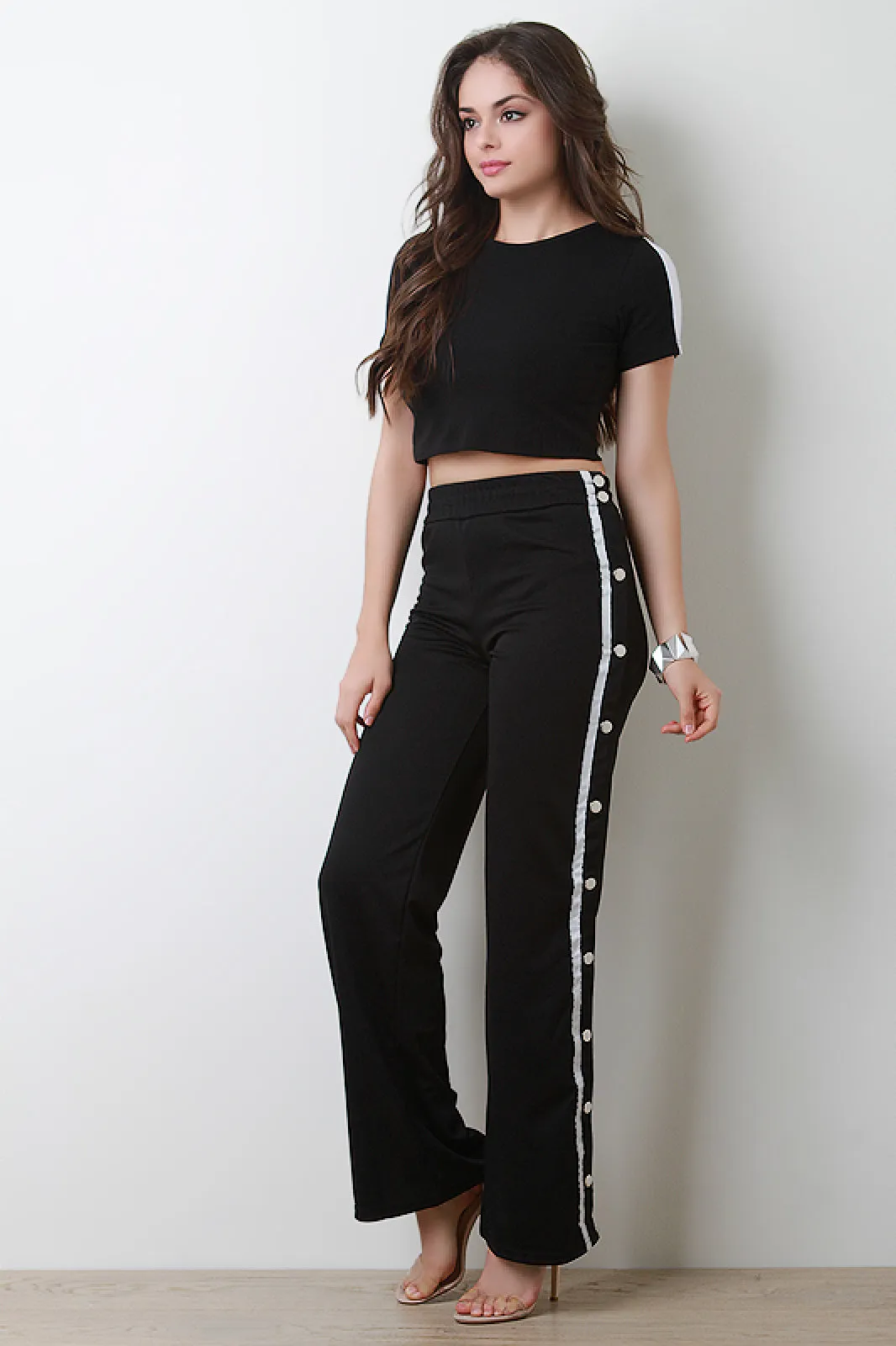 High Waisted Stripe Button-Up Track Pants