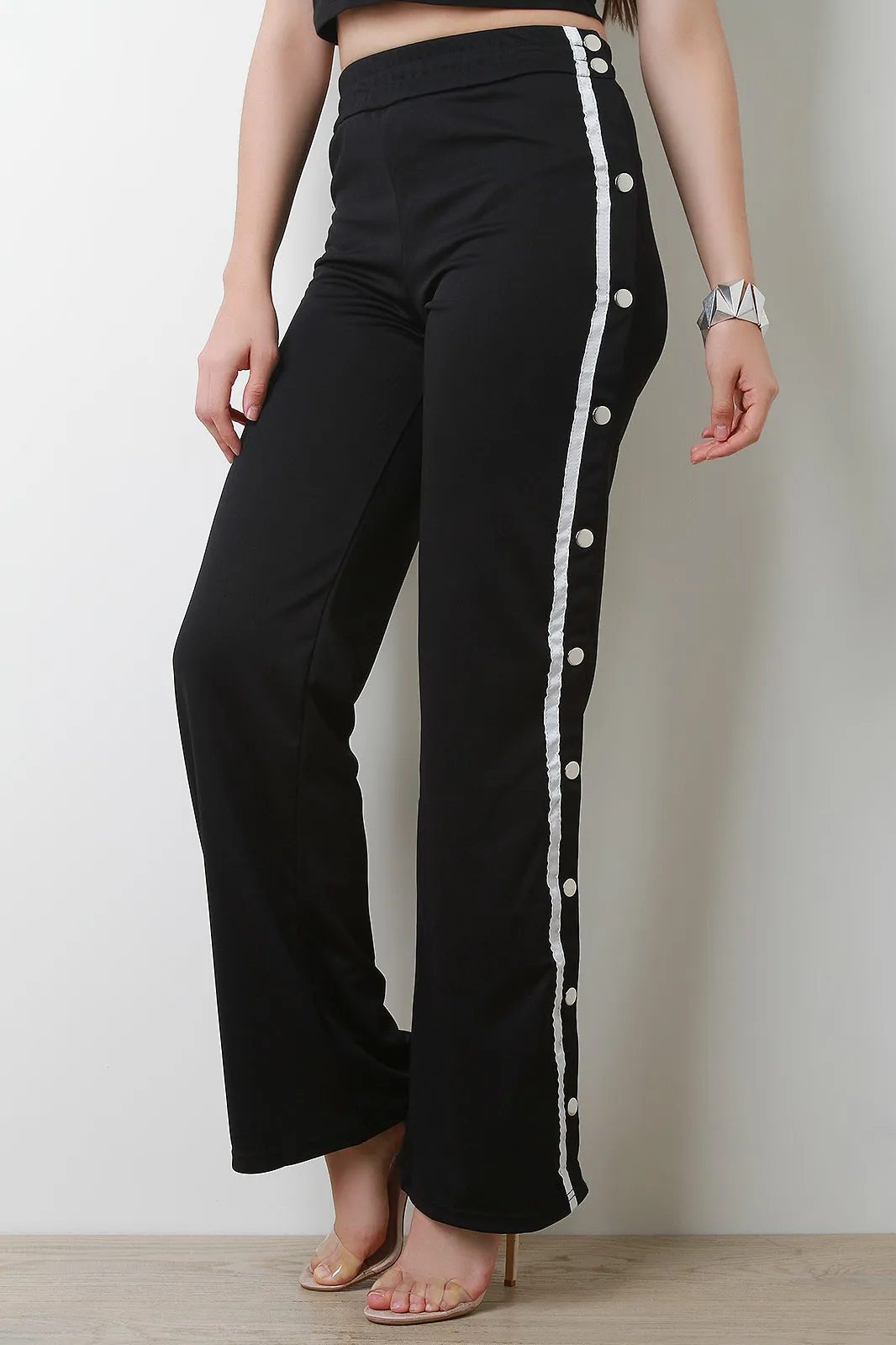 High Waisted Stripe Button-Up Track Pants