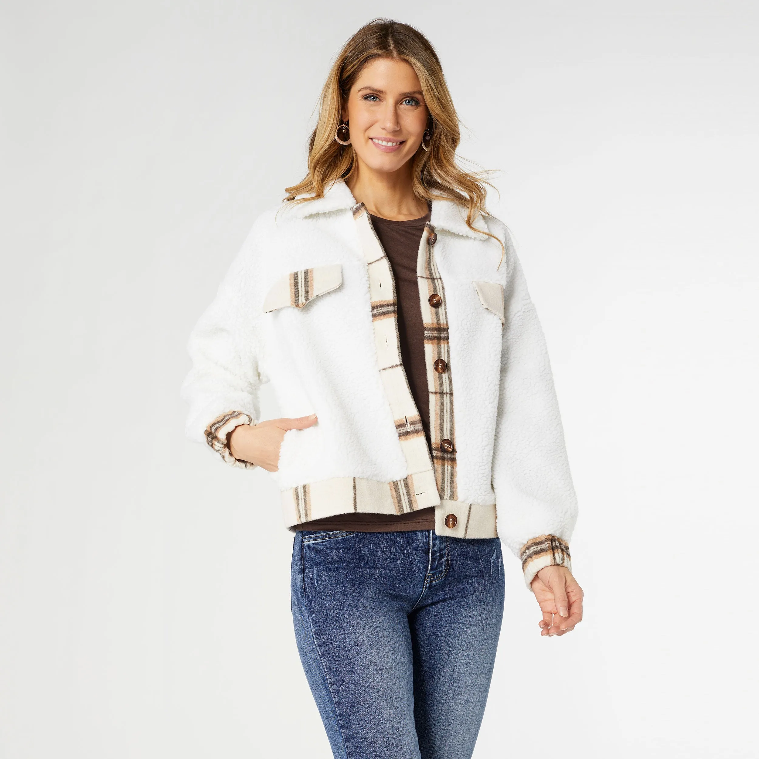 Hollis Sherpa Shacket with Plaid Detail - Off White/Plaid