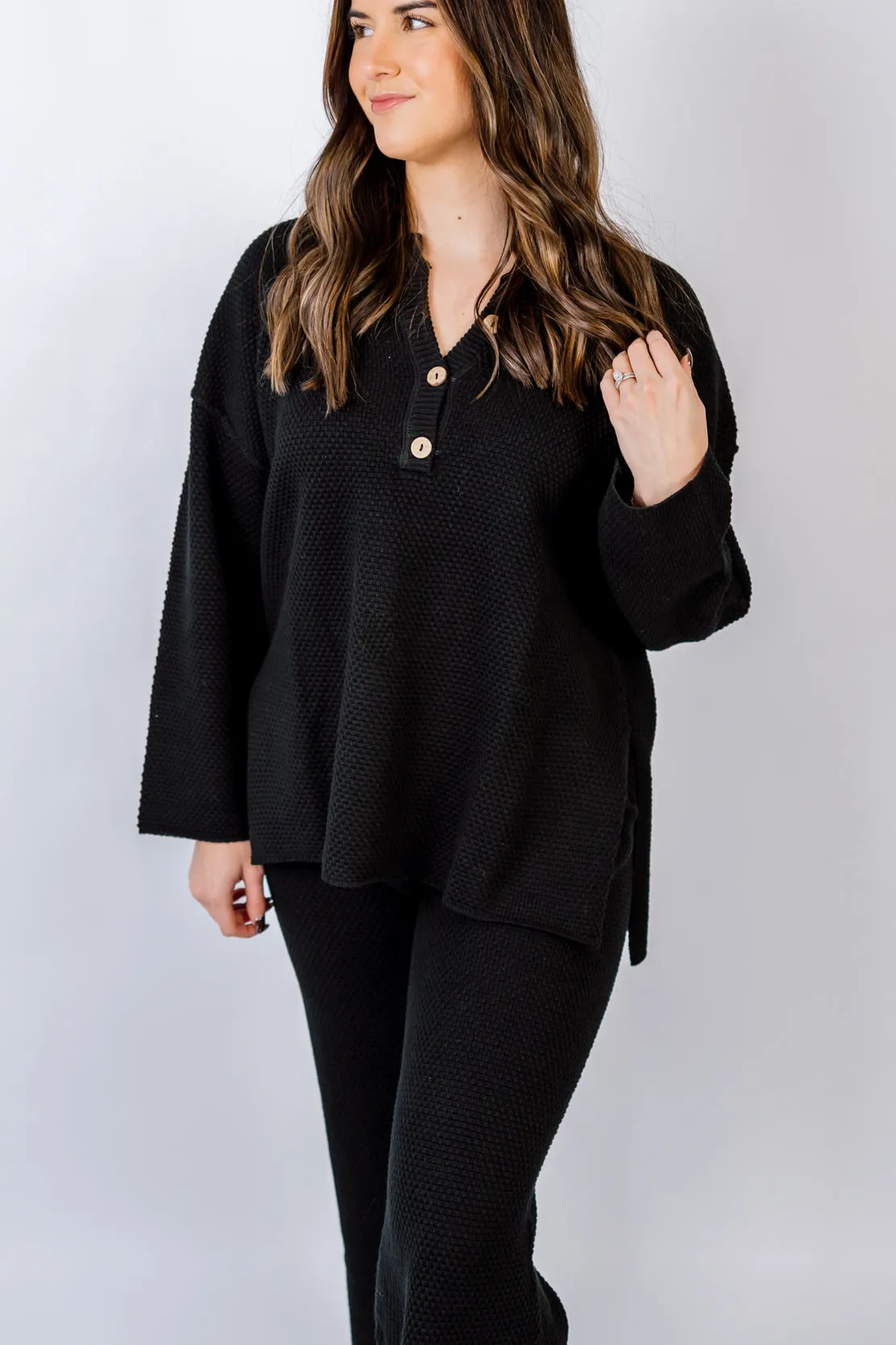 Hudson Henley Knit Sweater & Bottom Set | Black