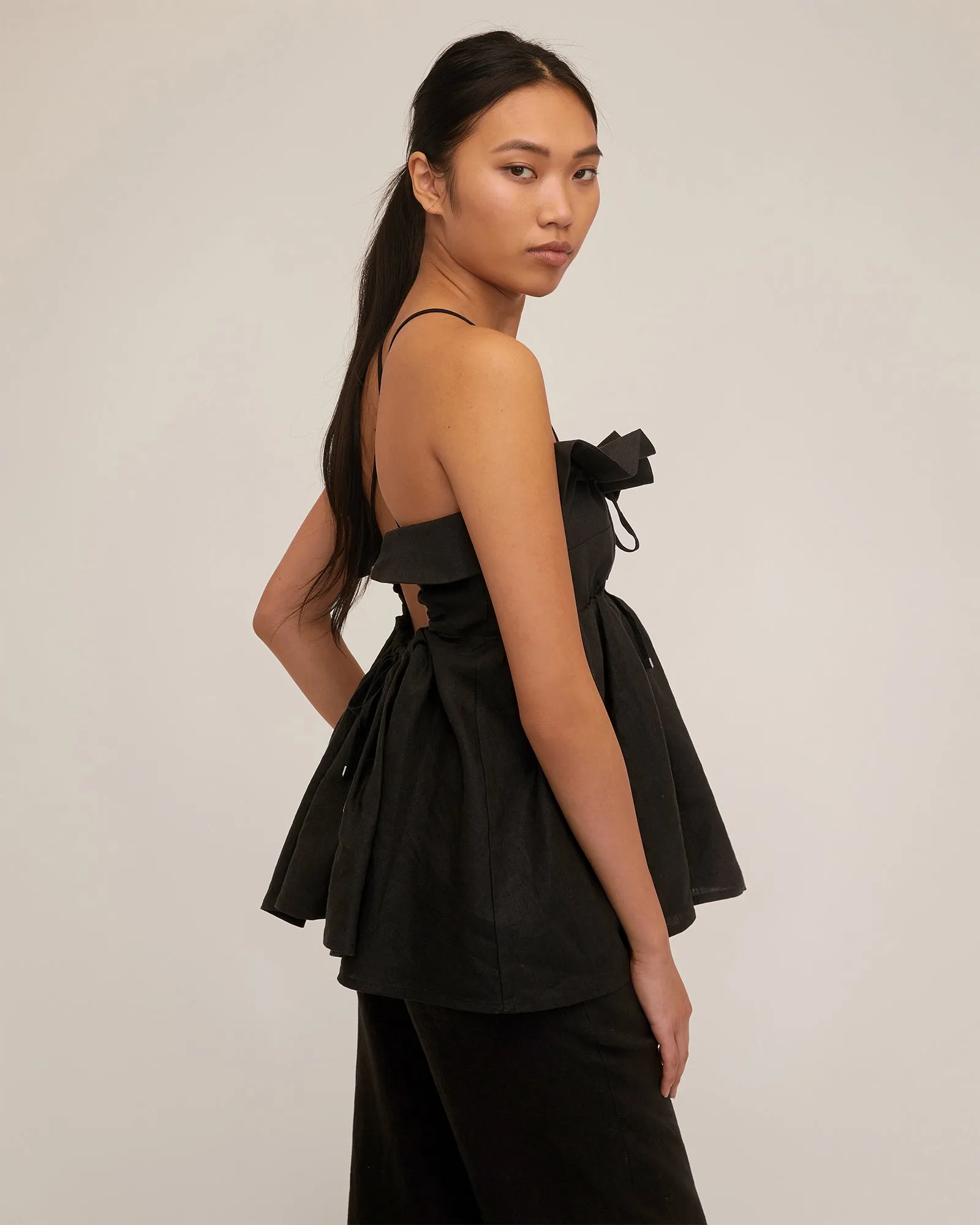 Jayce Linen Laced Empire Top in Black