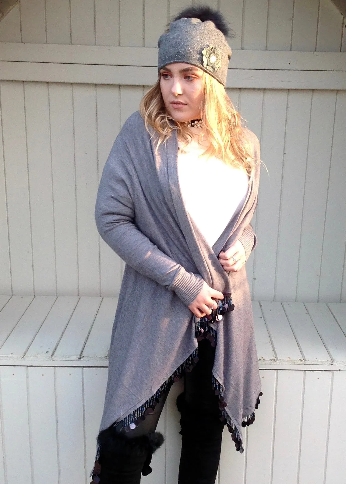 Julietta Super Lux Cardigan Coat With Seqined Trimmed Edge in Grey