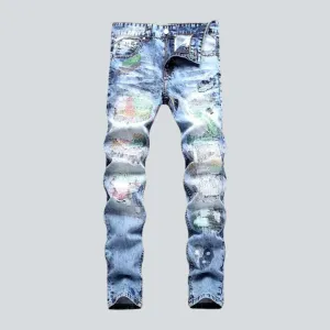 Light wash men's stitched jeans