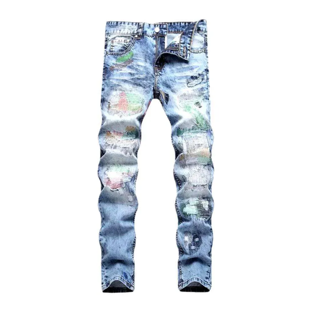 Light wash men's stitched jeans