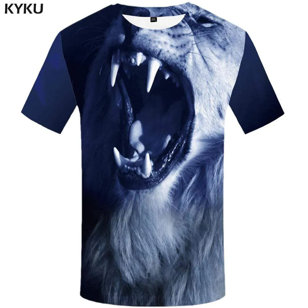 Lion T shirt Men Blue T shirts Funny Animal T-shirt 3d Angry Tshirts Print Gothic Tshirt Anime Mens Clothing Casual Unisex