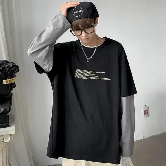 Long Sleeve Fake Two-piece T Shirt Striped Big Shirts Men Clothing Men Fashion New Oversized Tees Clothes Tshirt