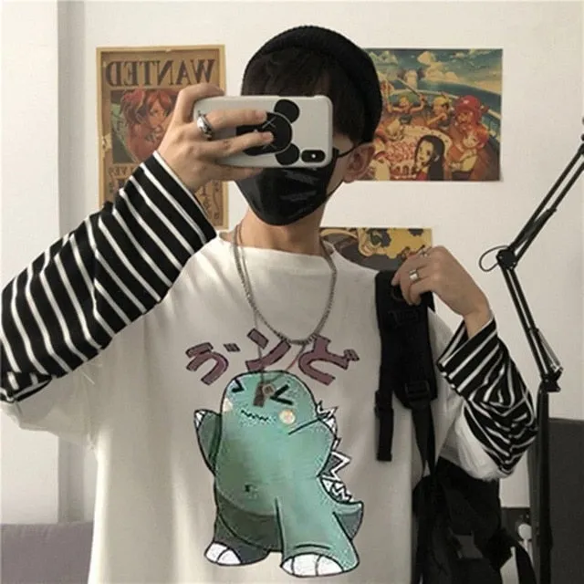 Long Sleeve Fake Two-piece T Shirt Striped Big Shirts Men Clothing Men Fashion New Oversized Tees Clothes Tshirt