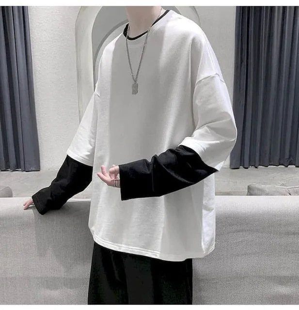 Long Sleeve Fake Two-piece T Shirt Striped Big Shirts Men Clothing Men Fashion New Oversized Tees Clothes Tshirt