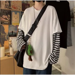 Long Sleeve Fake Two-piece T Shirt Striped Big Shirts Men Clothing Men Fashion New Oversized Tees Clothes Tshirt