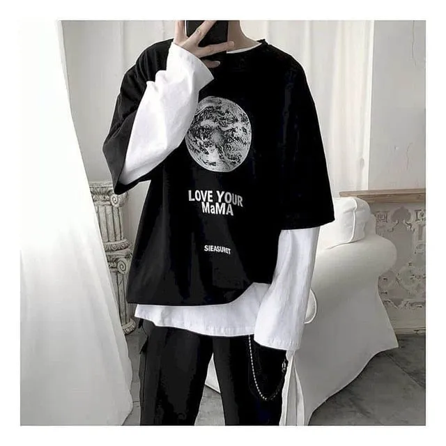 Long Sleeve Fake Two-piece T Shirt Striped Big Shirts Men Clothing Men Fashion New Oversized Tees Clothes Tshirt