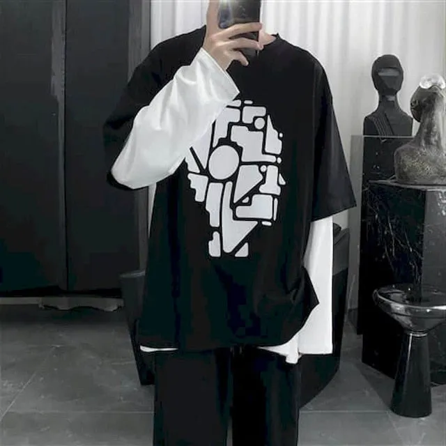 Long Sleeve Fake Two-piece T Shirt Striped Big Shirts Men Clothing Men Fashion New Oversized Tees Clothes Tshirt