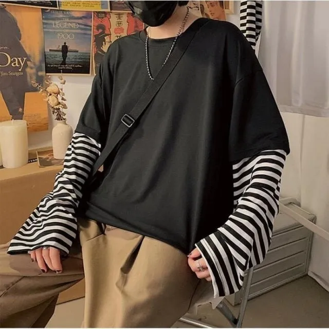 Long Sleeve Fake Two-piece T Shirt Striped Big Shirts Men Clothing Men Fashion New Oversized Tees Clothes Tshirt