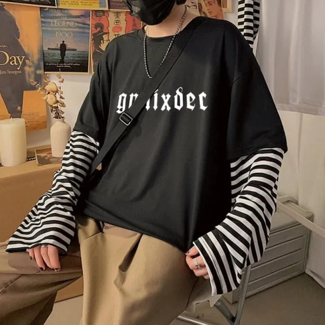 Long Sleeve Fake Two-piece T Shirt Striped Big Shirts Men Clothing Men Fashion New Oversized Tees Clothes Tshirt