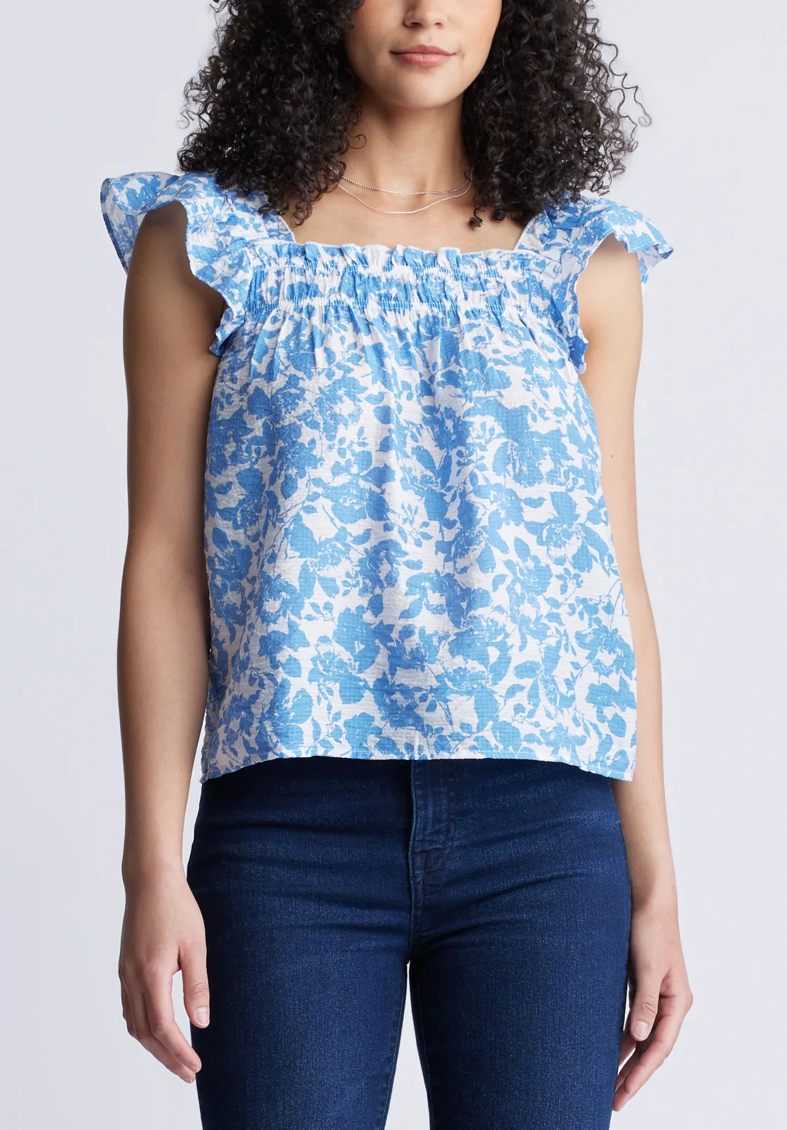 Mabilia Women's Flutter Sleeve Top, Blue Flowers - WT0108S