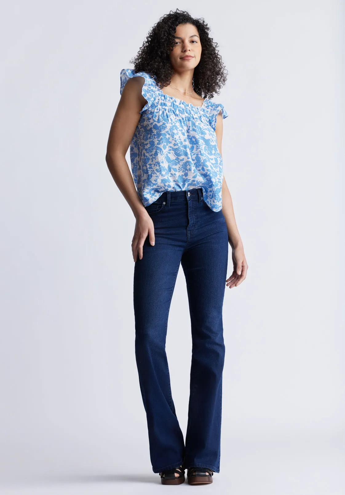 Mabilia Women's Flutter Sleeve Top, Blue Flowers - WT0108S