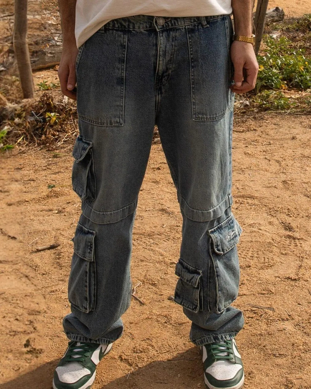 Male Wide-leg Light Blue Washed Cargo Jeans