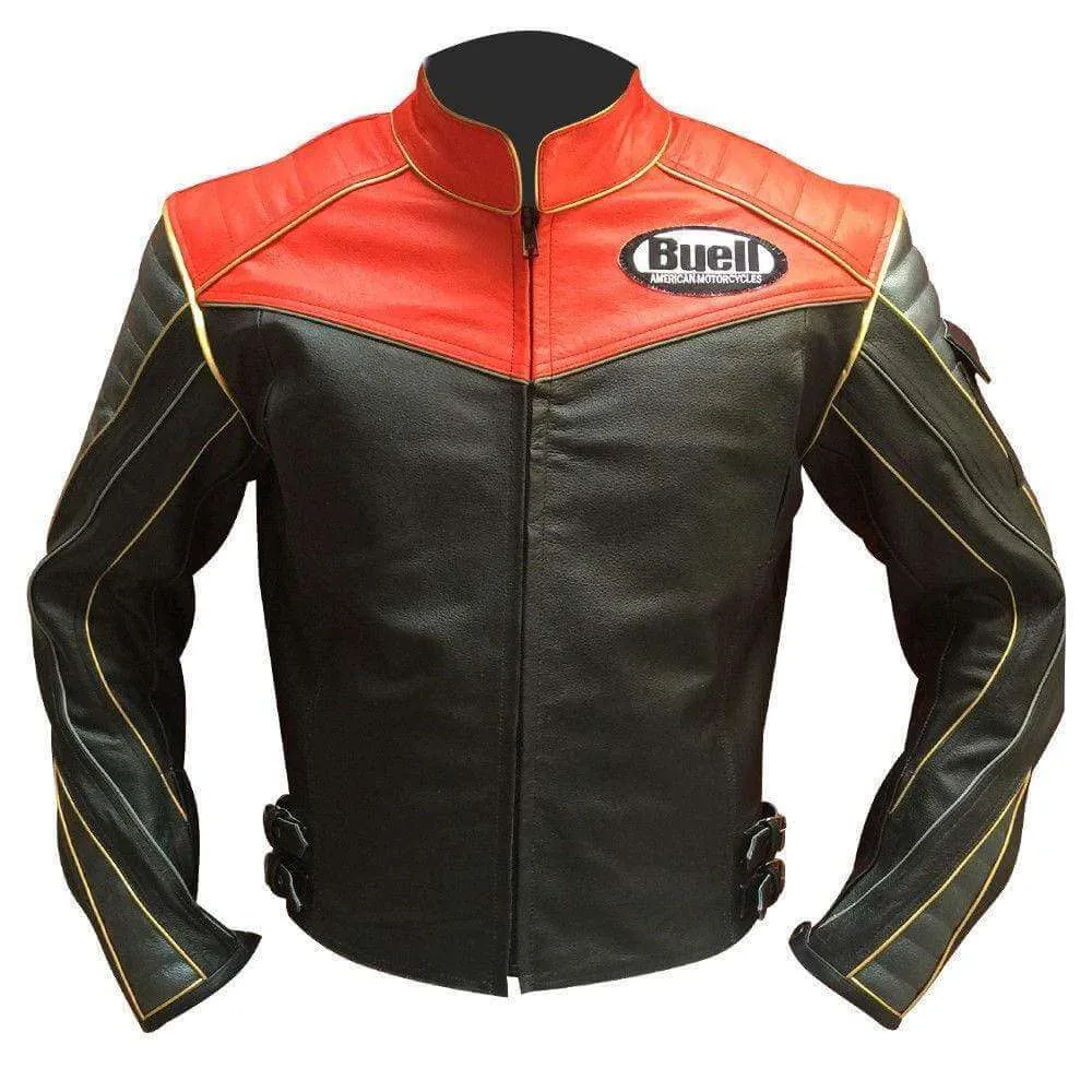 Men Buell Motorcycle Black Red Leather Jacket Buell Moto Leather Jacket With CE Armour