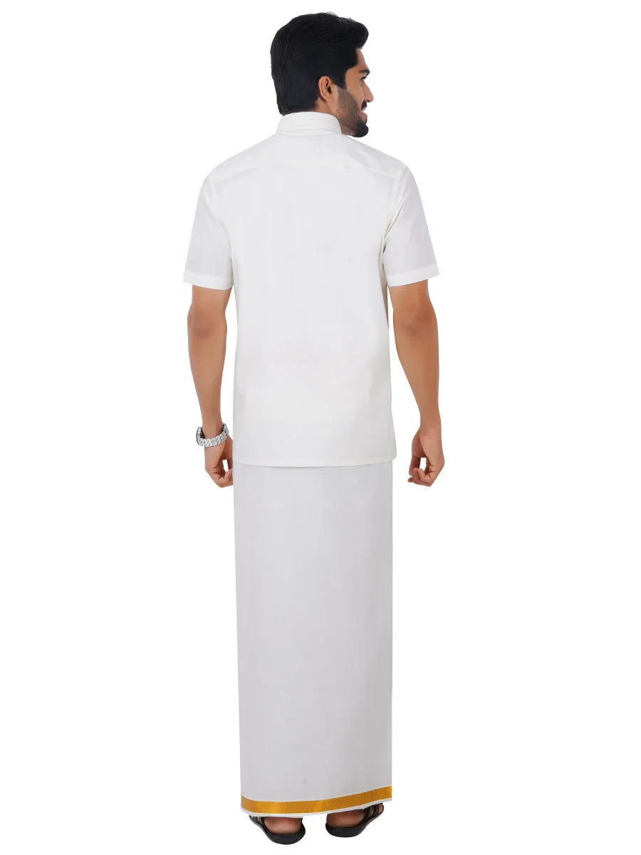 Men Half Sleeves Cream Shirt with 1'' inch Gold Jari Dhoti Combo