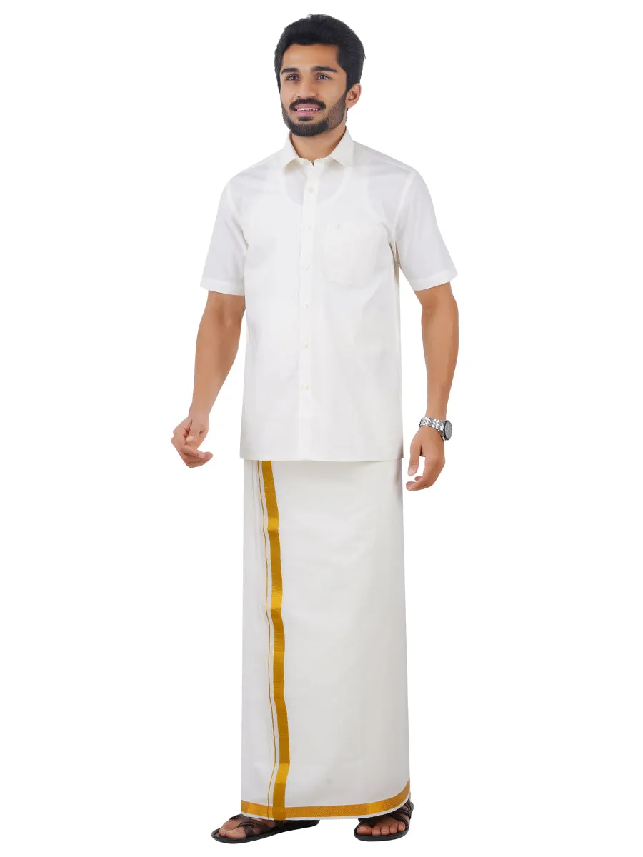 Men Half Sleeves Cream Shirt with 1'' inch Gold Jari Dhoti Combo