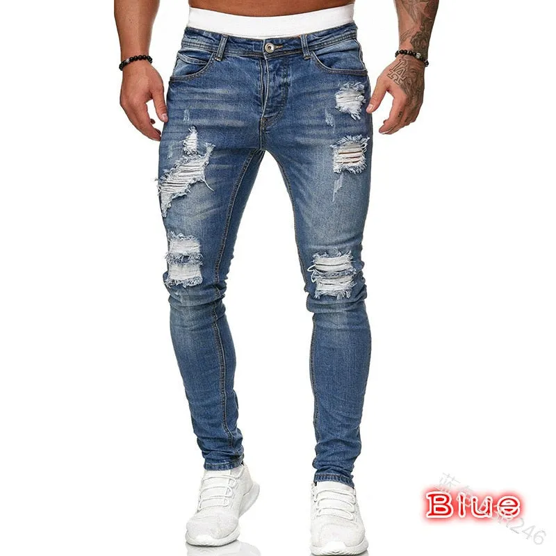 Men Jeans Casual Pants Ripped Pocket Straight Street Run Soft Denim Neutral Slow