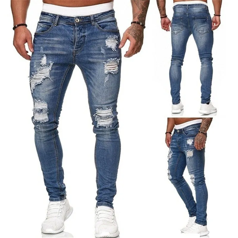 Men Jeans Casual Pants Ripped Pocket Straight Street Run Soft Denim Neutral Slow