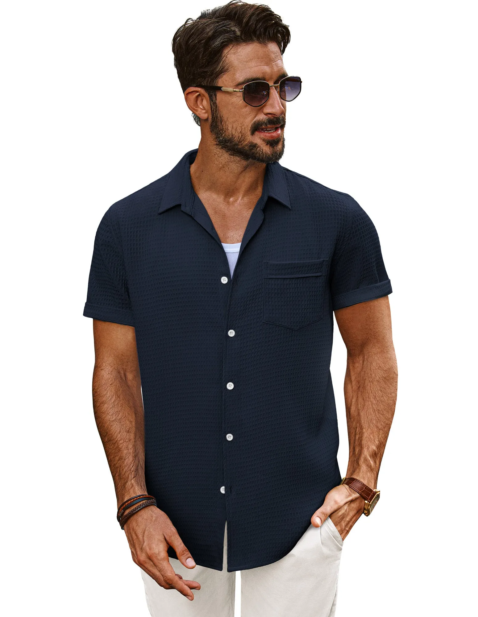 Men Textured Fabric Shirt Casual Short Sleeve Lapel Collar Button-up Tops