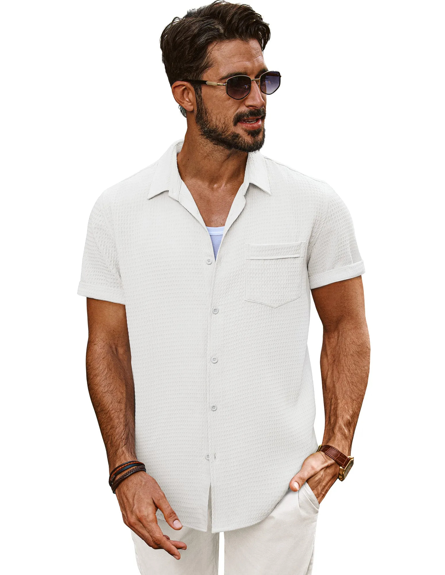 Men Textured Fabric Shirt Casual Short Sleeve Lapel Collar Button-up Tops