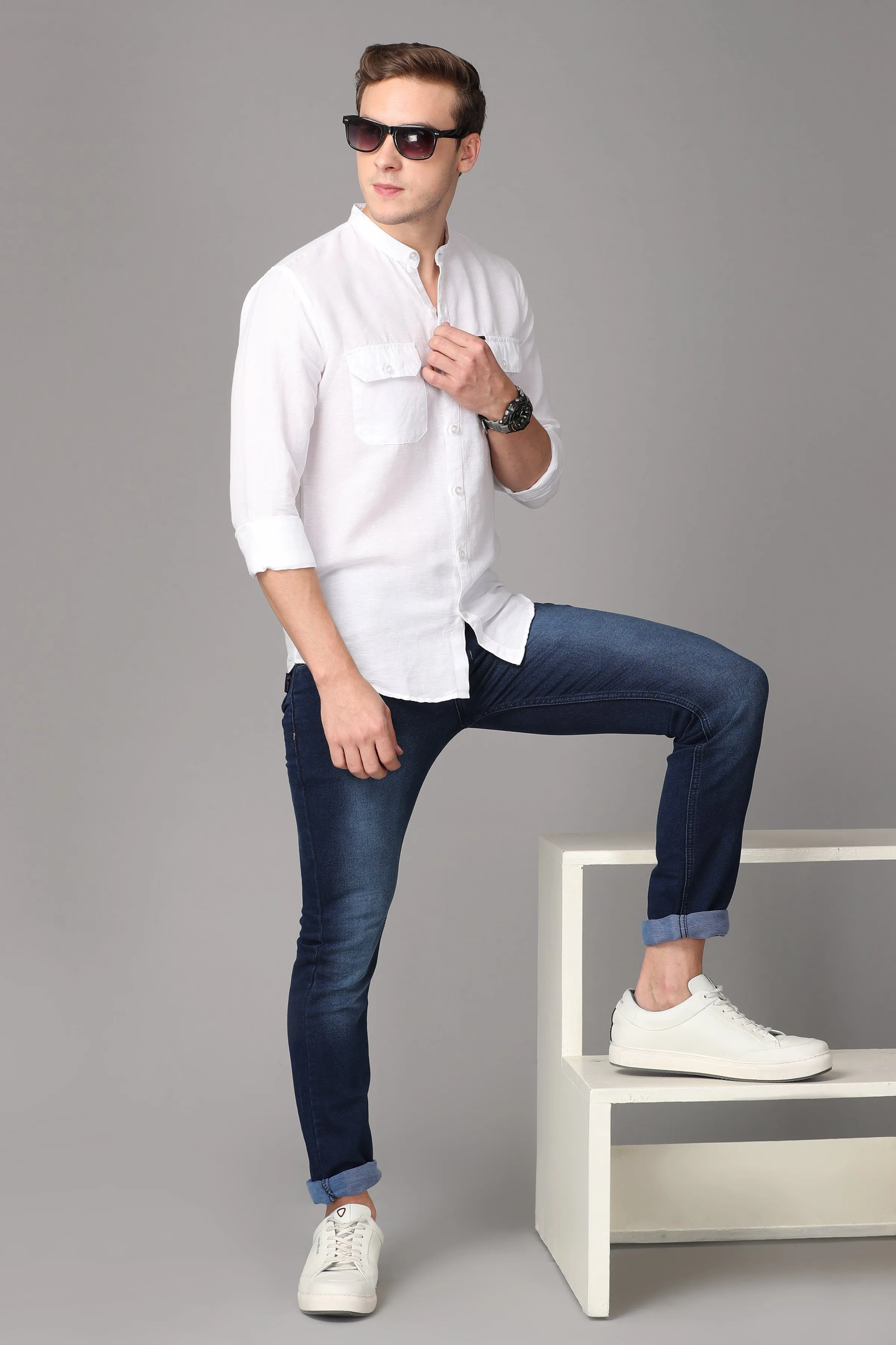 Men White Regular Fit Solid Casual Linen Sustainable Shirt