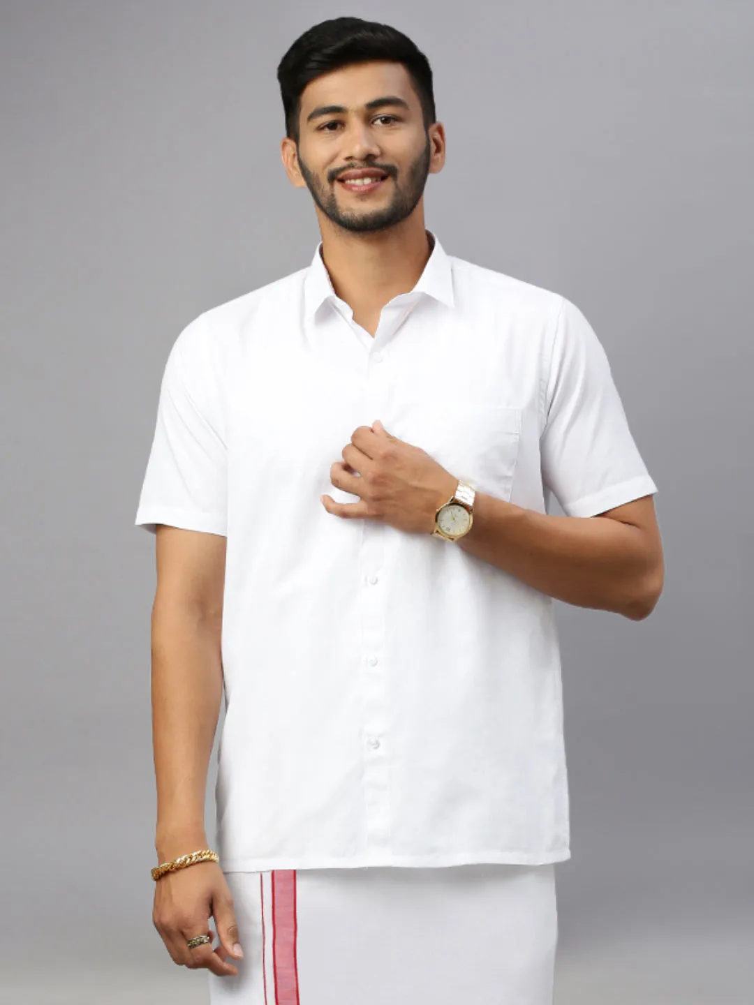 Men White Shirt with Red Fancy Border Dhoti Combo WP02