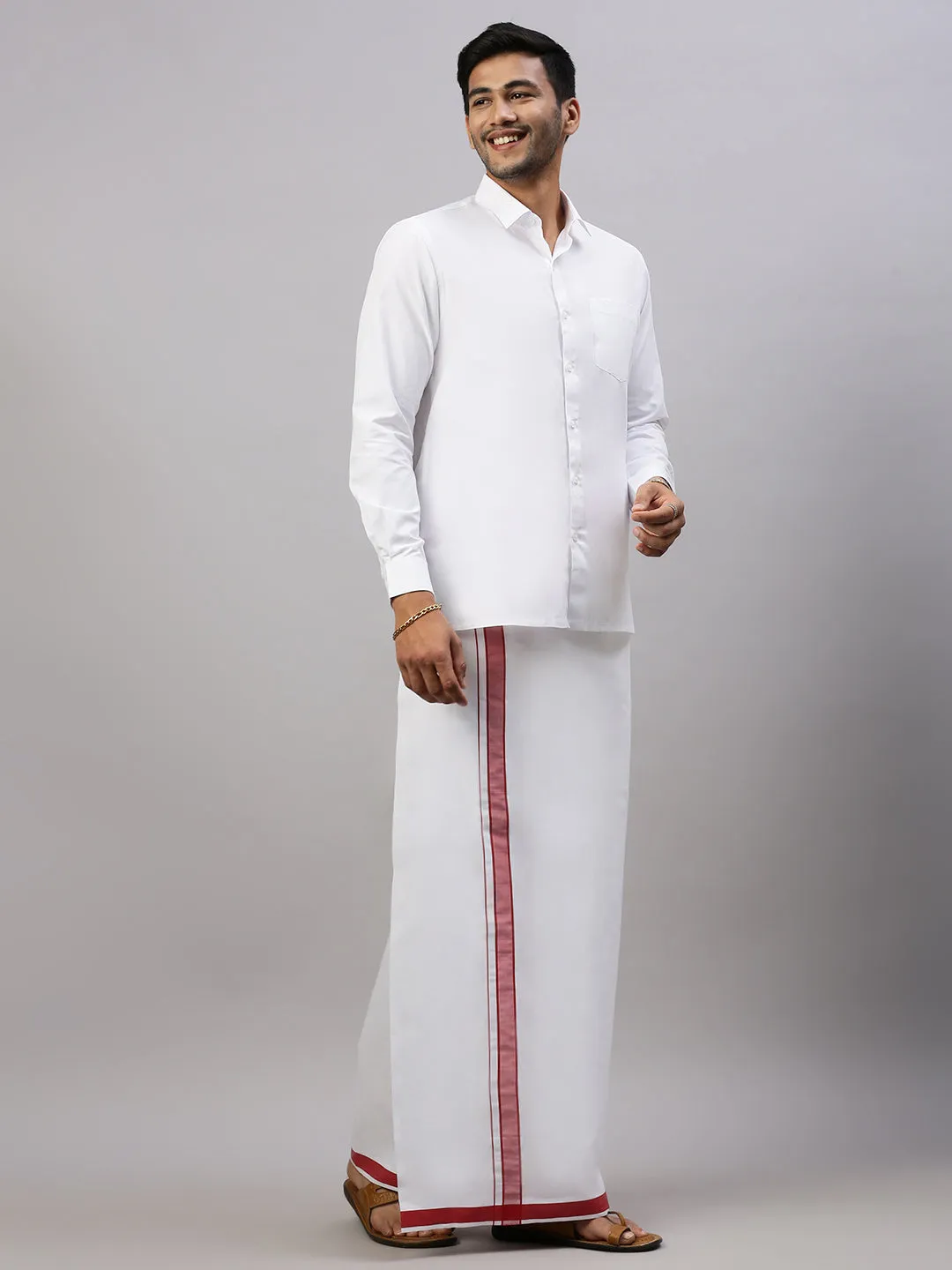 Men White Shirt with Red Fancy Border Dhoti Combo WP02