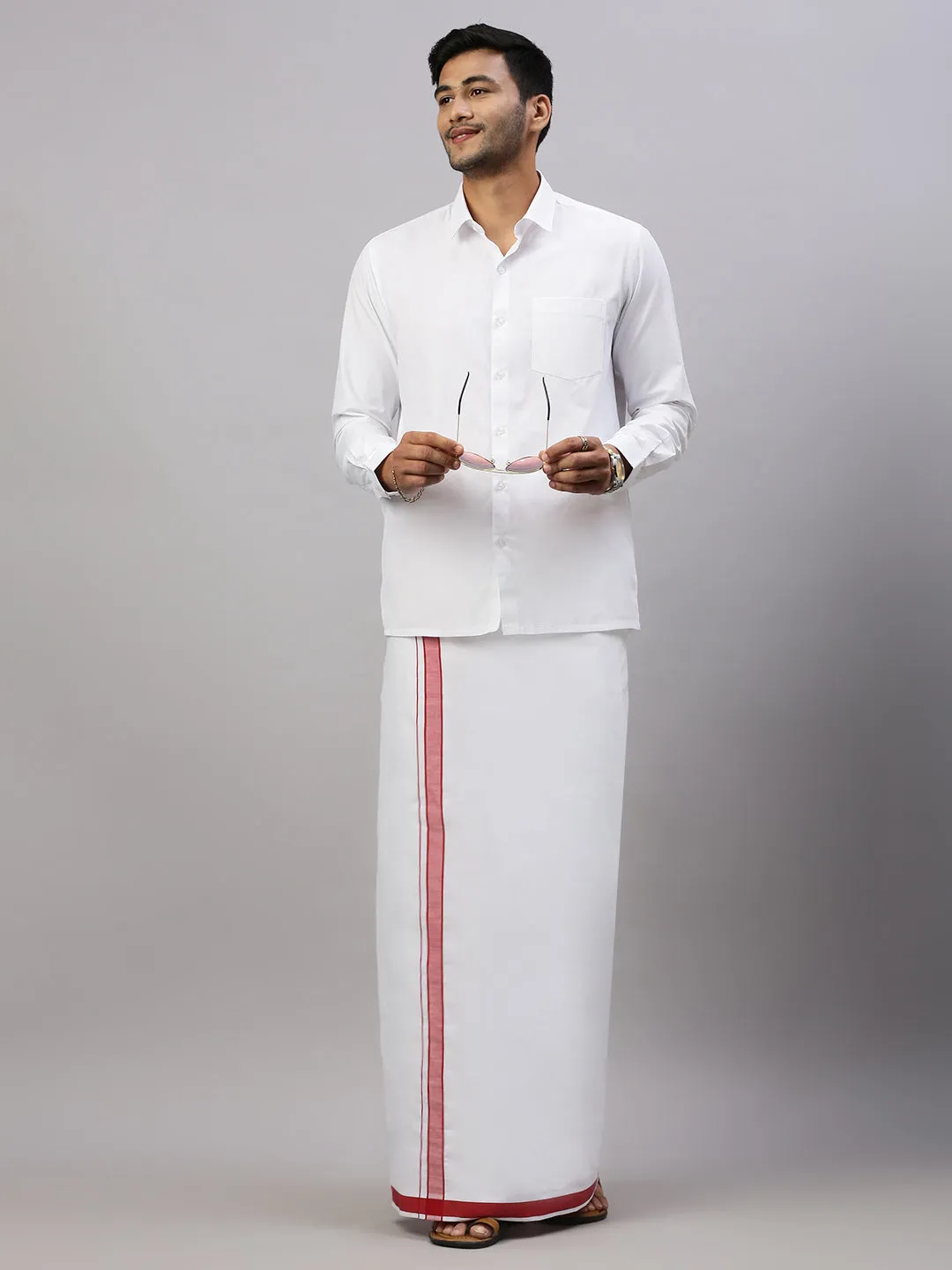 Men White Shirt with Red Fancy Border Dhoti Combo WP02