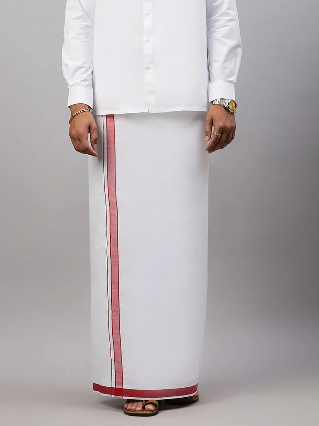 Men White Shirt with Red Fancy Border Dhoti Combo WP02