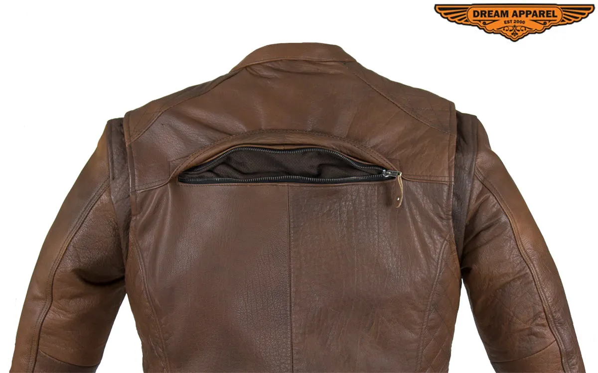 Men's Brown Naked Cowhide Leather Diamond Jacket