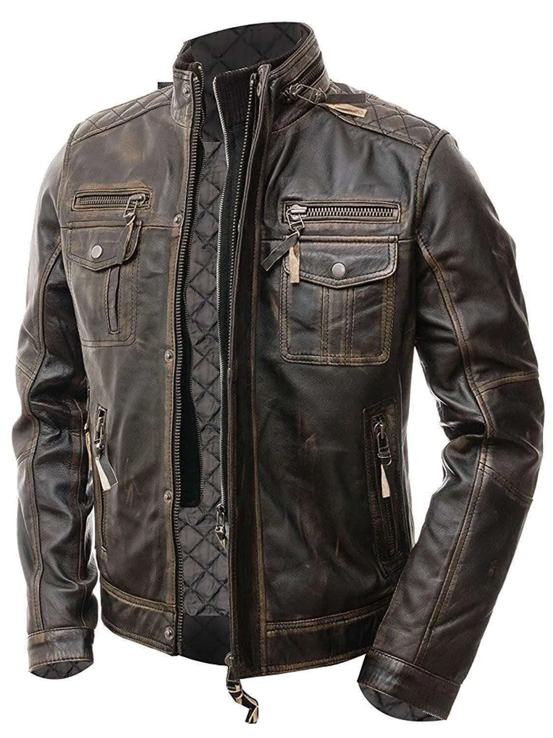 Men's Leather Jacket in Brown, Ruboff Genuine biker leather jacket  men's