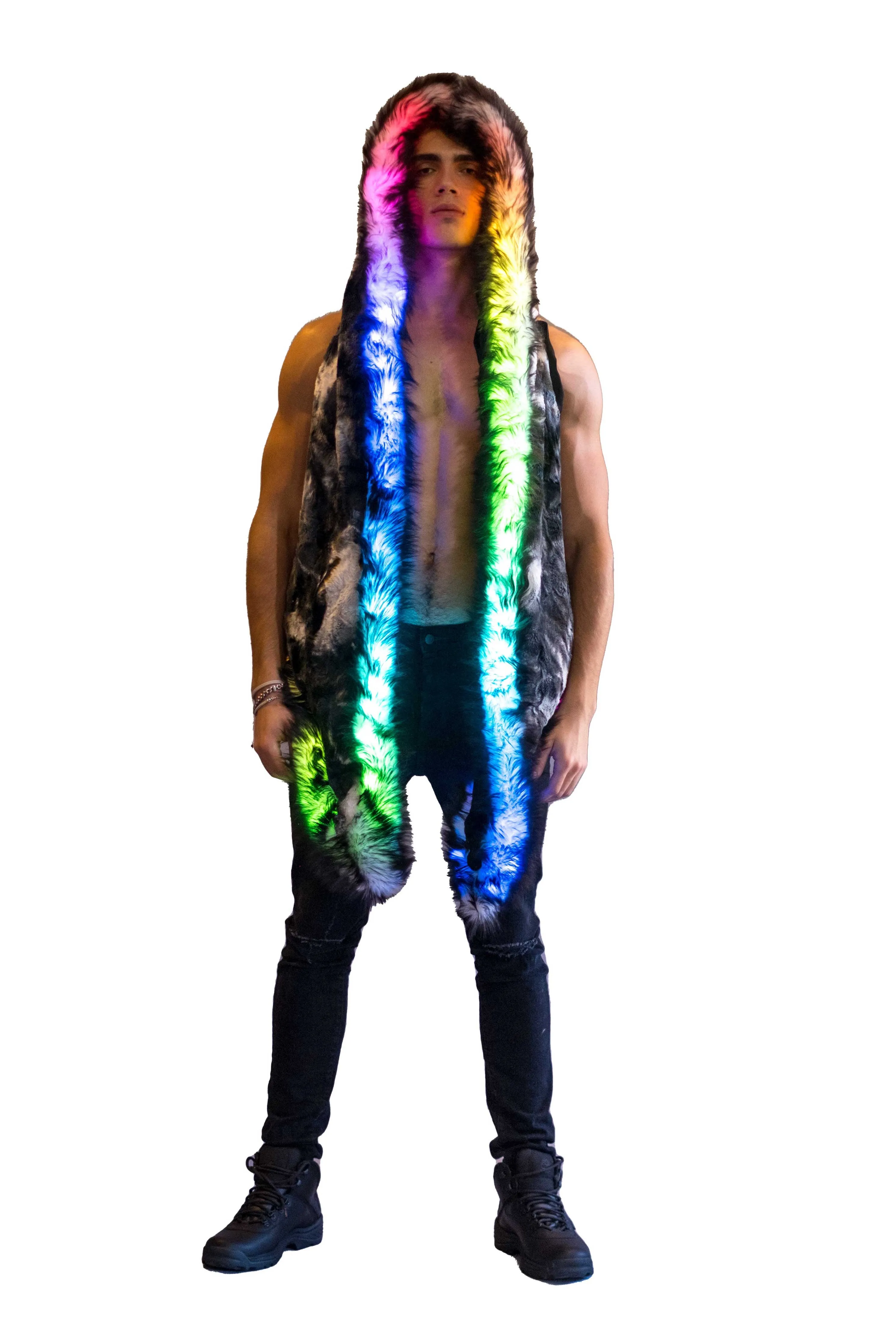 Men's LED Fur Vest in "Black & White Tye Dye"