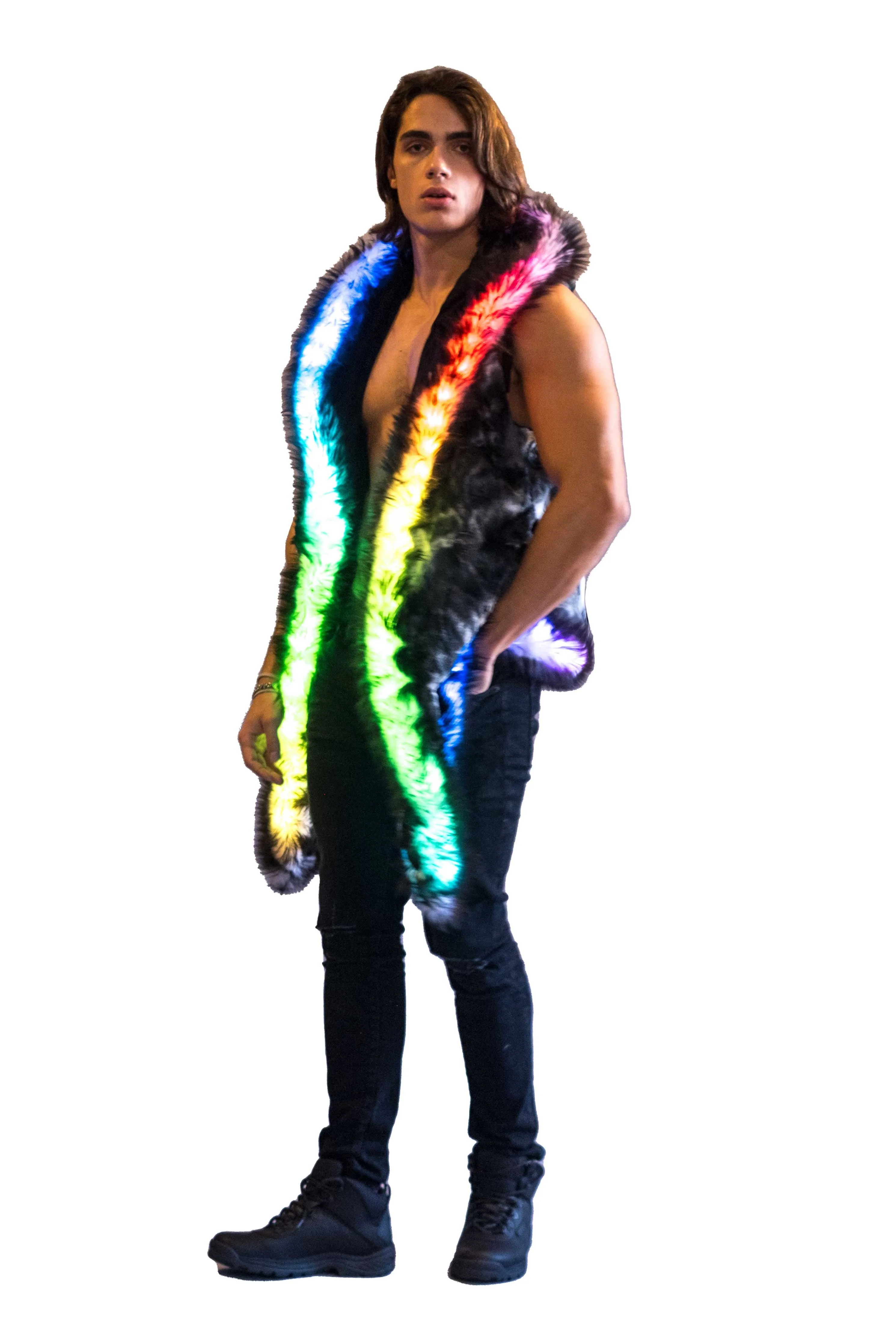 Men's LED Fur Vest in "Black & White Tye Dye"