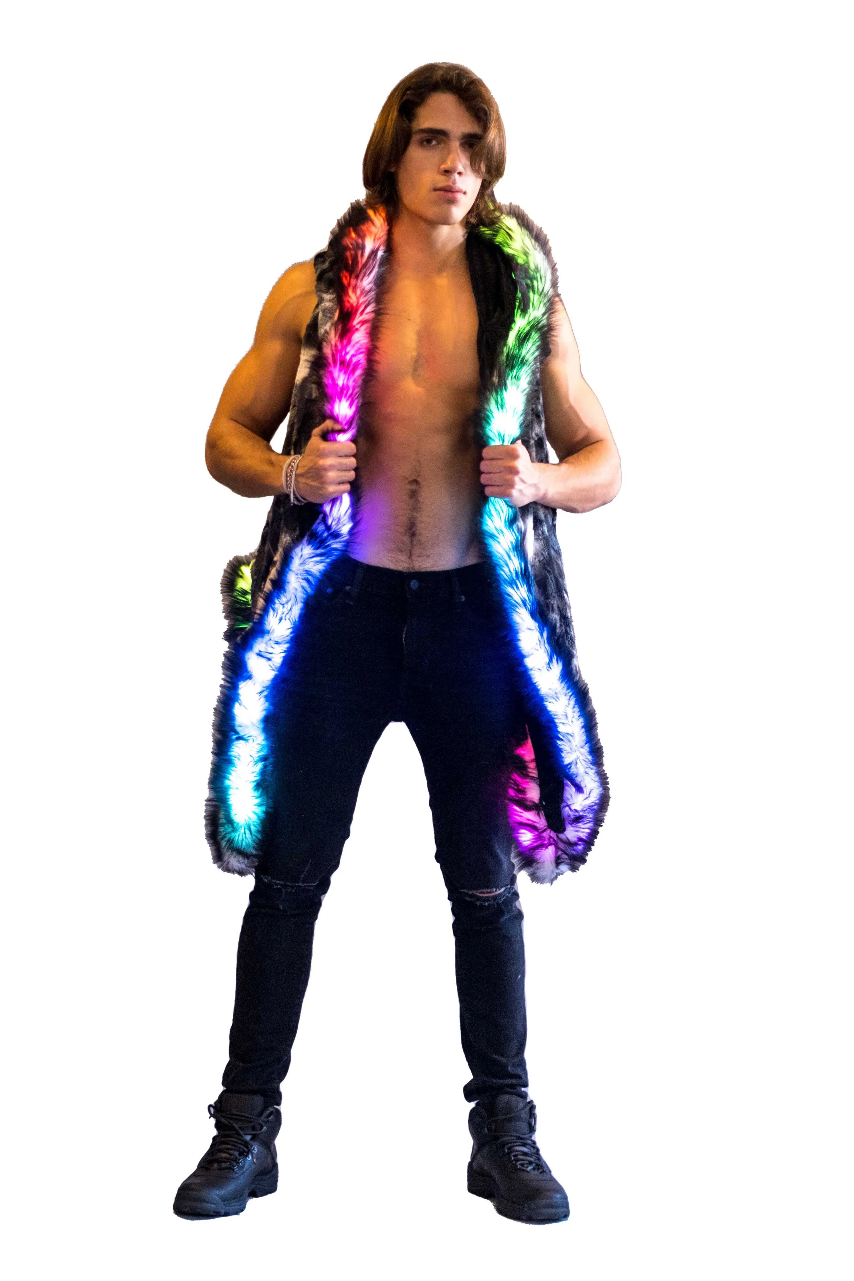 Men's LED Fur Vest in "Black & White Tye Dye"