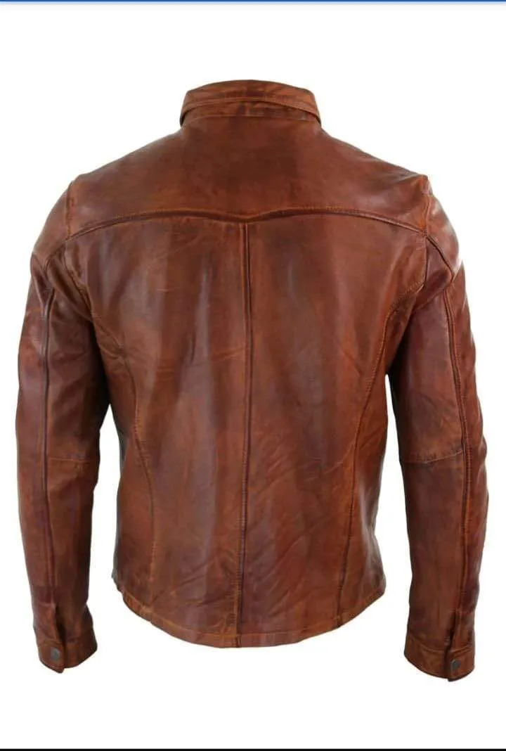 Mens Vintage Distressed Brown Leather Shirt Jacket, Genuine Biker Jacket